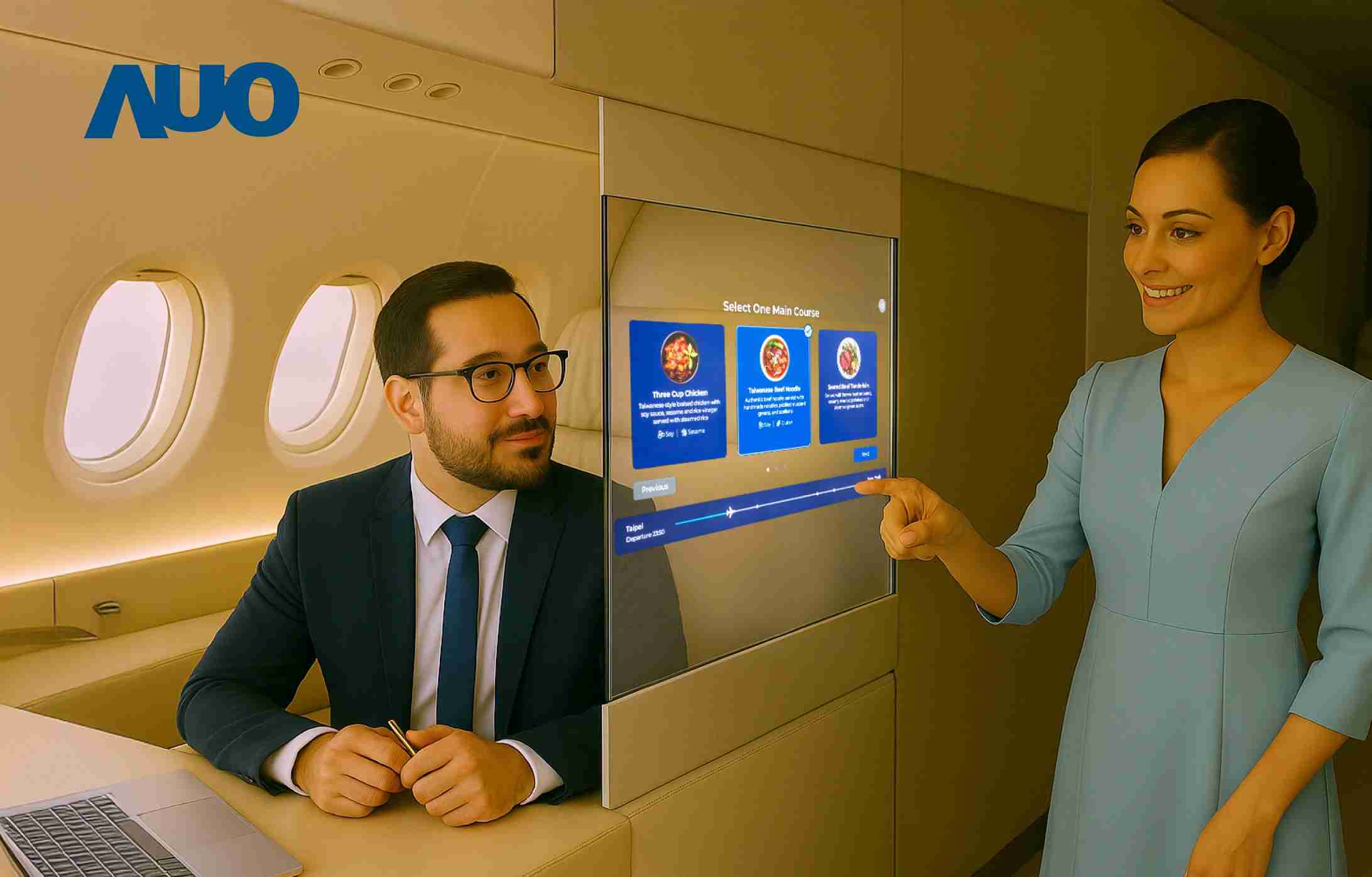 888.BY集团电子游戏研发全球最薄17.3 吋双面透明 Micro LED 显示器，，可在同一屏幕之双边投射不同信息，，创造独特的”透明化”互动；图为实时翻译交流应用情境